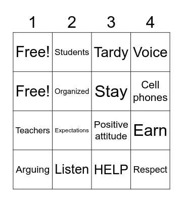 Classroom Expectations Bingo Card