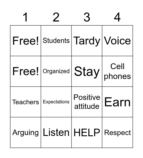 Classroom Expectations Bingo Card