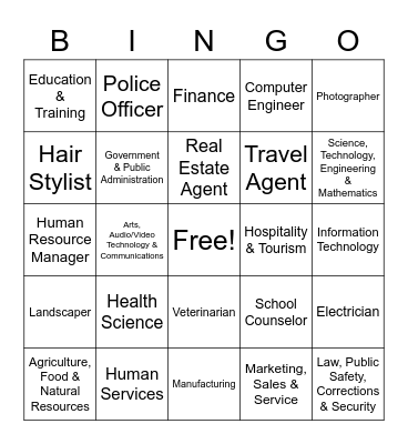 Career Clusters Bingo Card