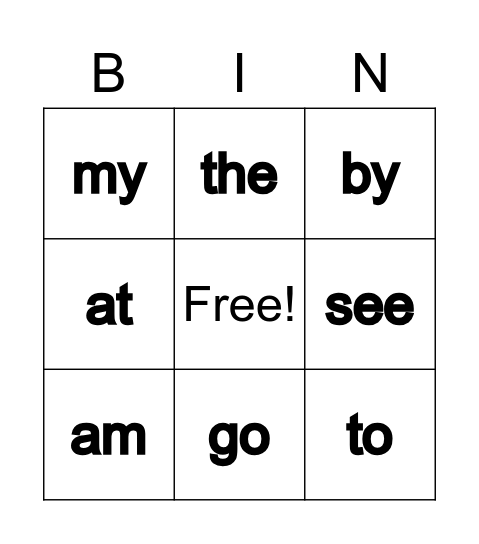 Sight Words Bingo Card