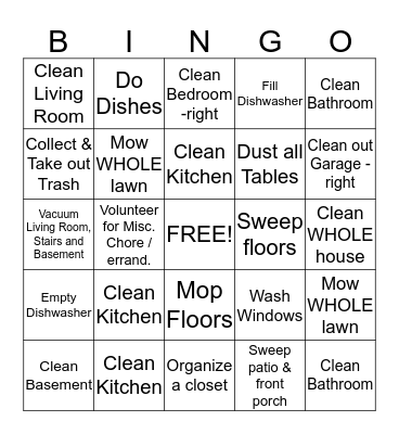 Summer Cleaning Bingo Card