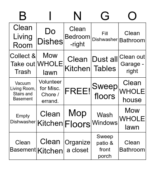 Summer Cleaning Bingo Card