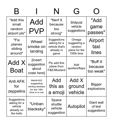 Aeronautica #suggestions channel bingo Card