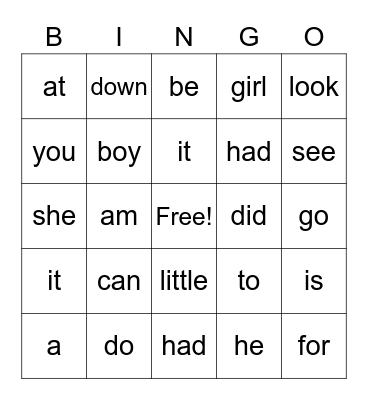 Tessa sight words Bingo Card