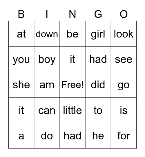Tessa sight words Bingo Card