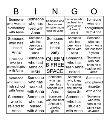 RED GETS WED Bingo Card