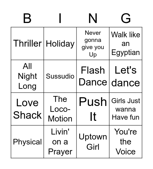 80s Music Bingo Card