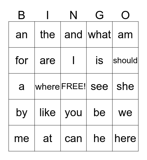 Sight Words Bingo Card