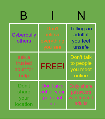 Internet Safety Bingo Card