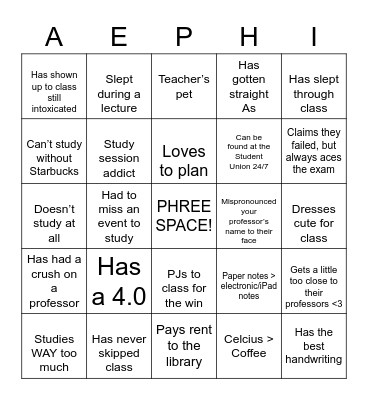 AEPhi Back to School Bingo Card