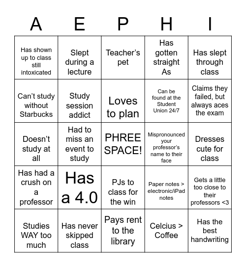 AEPhi Back to School Bingo Card