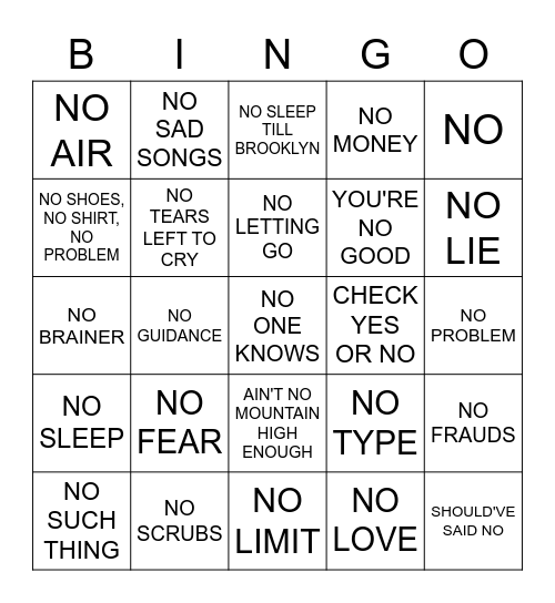 NO, NO, NO Bingo Card