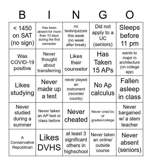 DVHS Stereotype Bingo Card