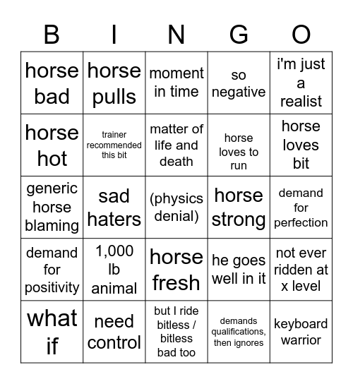 Horse Abuse Bingo Bit Edition Bingo Card