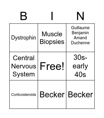 Muscular Dystrophy Bingo Card