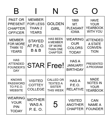 P. E. O. SISTERS Bingo Card
