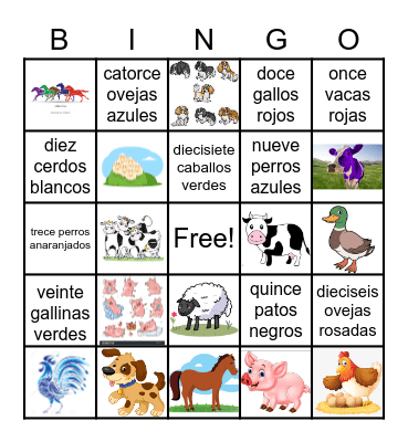 numeros, colores y animales de la granja Bingo Card