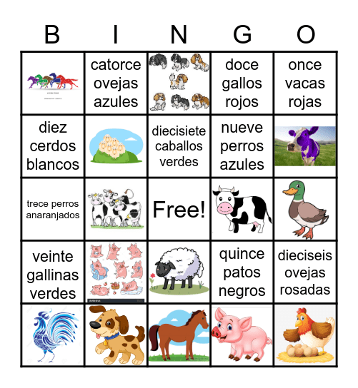 numeros, colores y animales de la granja Bingo Card