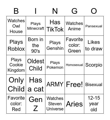 Personality Bingo Card