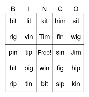 Short i words Bingo Card