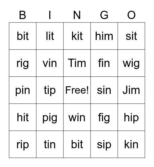 Short i words Bingo Card