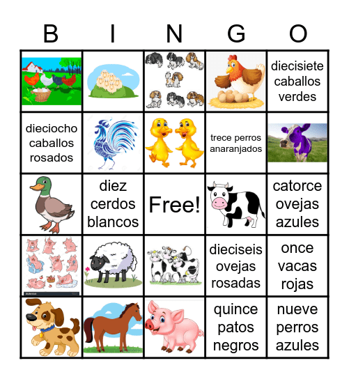 numeros, colores y animales de la granja Bingo Card