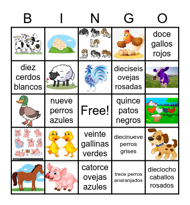 numeros, colores y animales de la granja Bingo Card