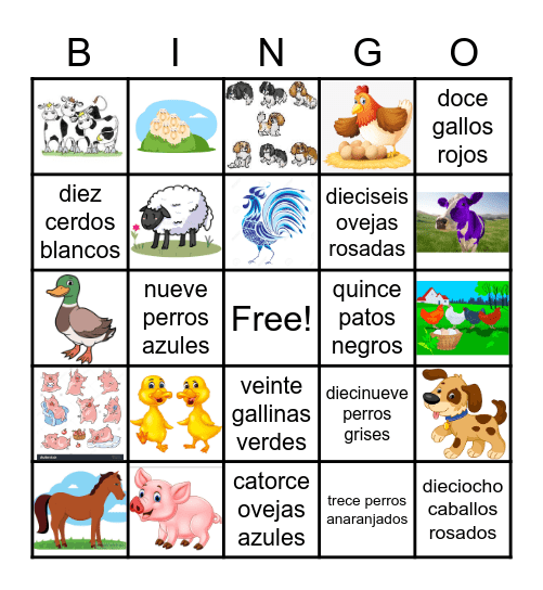numeros, colores y animales de la granja Bingo Card