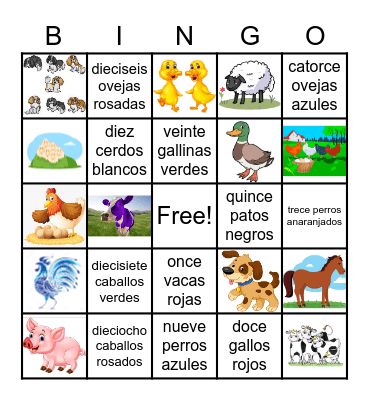 numeros, colores y animales de la granja Bingo Card
