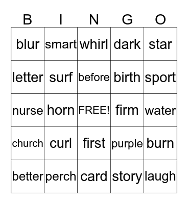 R-Controlled Vowels Bingo Card