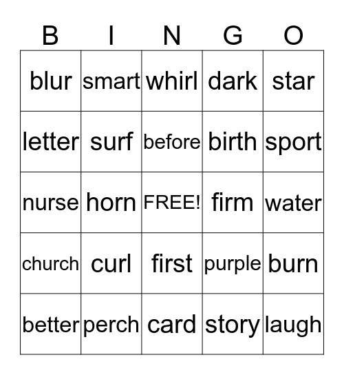 R-Controlled Vowels Bingo Card