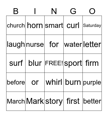 R-Controlled Vowels Bingo Card