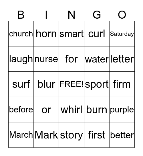 R-Controlled Vowels Bingo Card