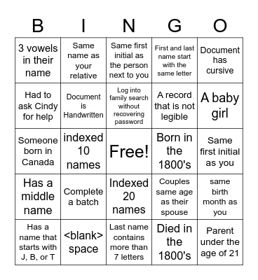 Indexing Bingo Card