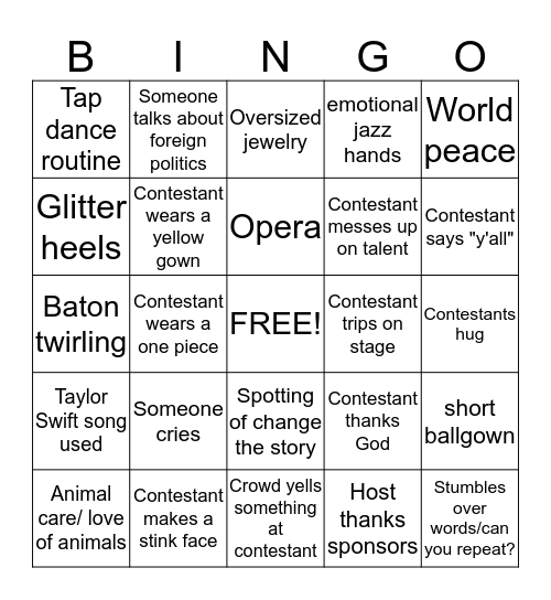 Miss NC Bingo Card