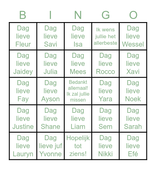 Dag lieve kinderen uit groep 4c Bingo Card