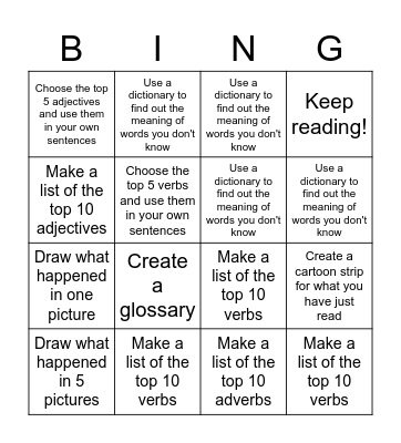 Pre-reading Bingo Card
