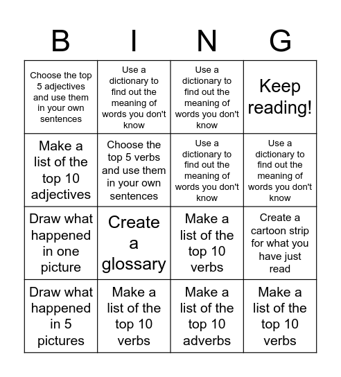Pre-reading Bingo Card