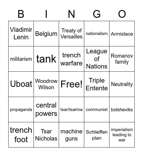 Unit 7 Vocabulary-WW1 Bingo Card