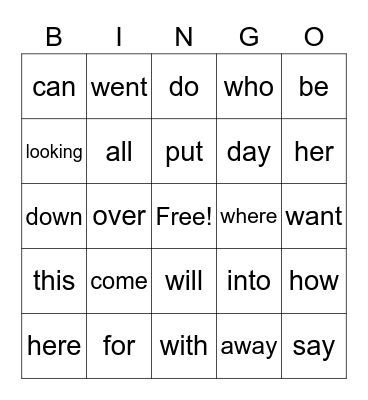 Sight Words Bingo Card