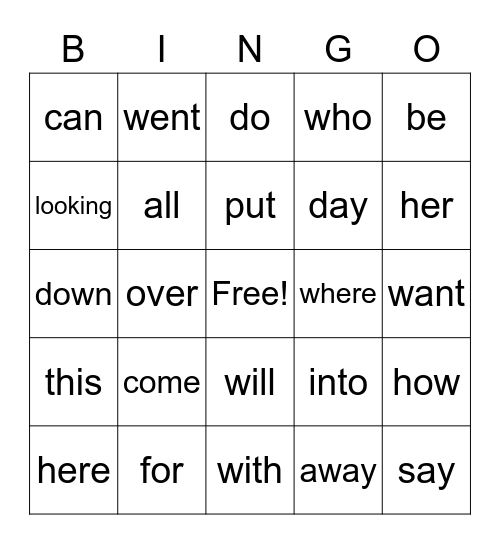 Sight Words Bingo Card