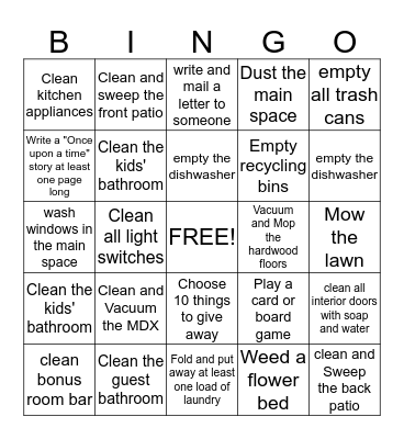 Summer Chore Bingo Card