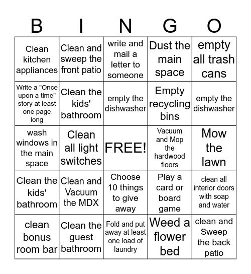 Summer Chore Bingo Card