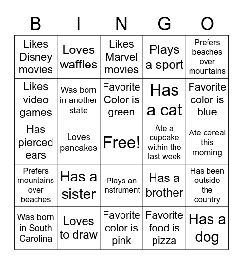 Get To Know You Bingo (Middle School) Bingo Card