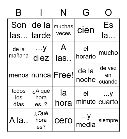 Vocabulary Unit 2.1 #1 (tell time and discuss daily schedules and describe frequency) Bingo Card