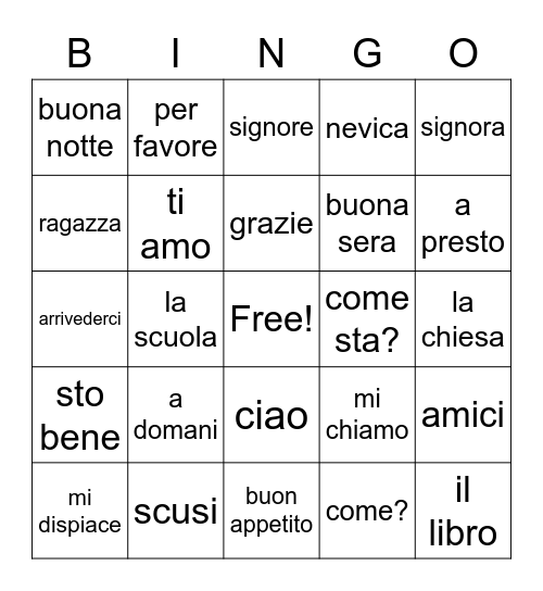 LEARN SOME ITALIAN Bingo Card