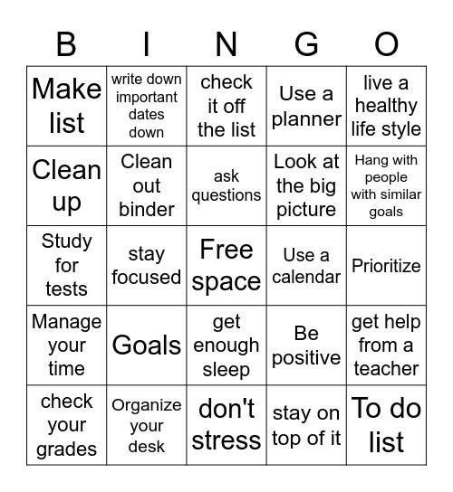Goals/Organization Bingo Card