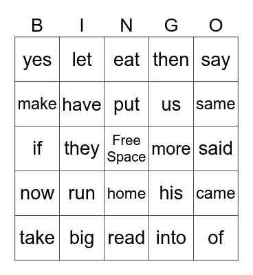 1st Grade Sight Words Bingo Card
