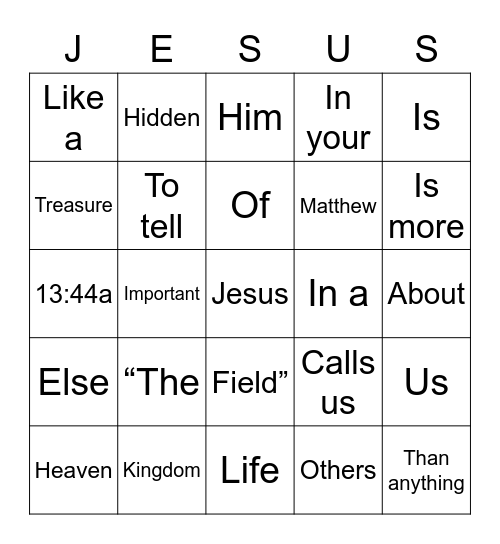 Treasure Bingo Card