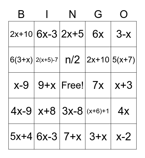 Algebra Expressions Bingo Card